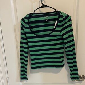 JCrew Green and Navy Striped Long Sleeve Top